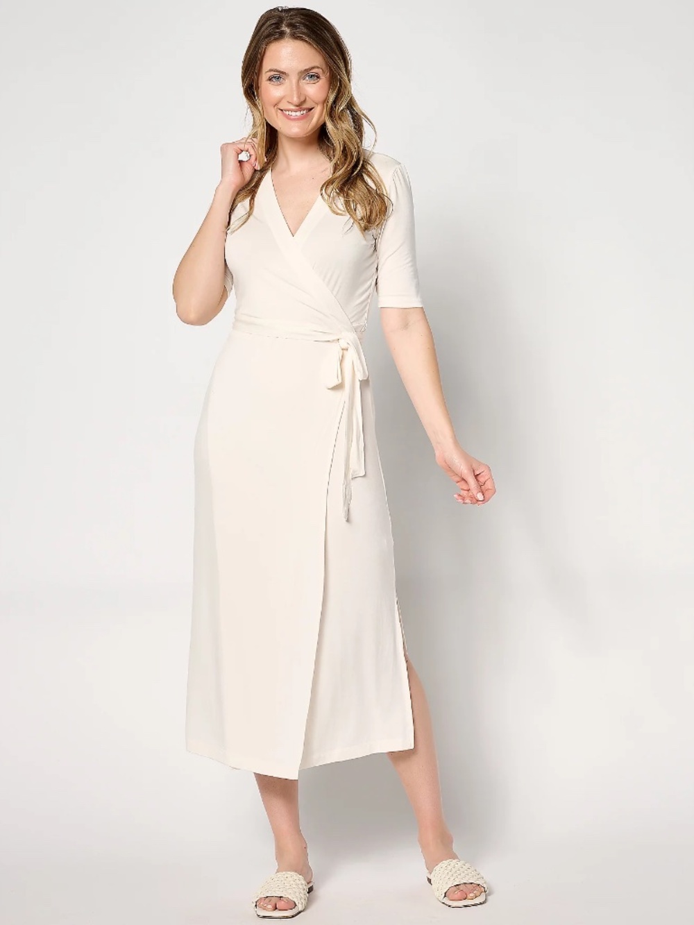 Barefoot Dreams Luxe Milk Jersey 3/4 Sleeve Wrap Dress, Cream Sz XL a646191